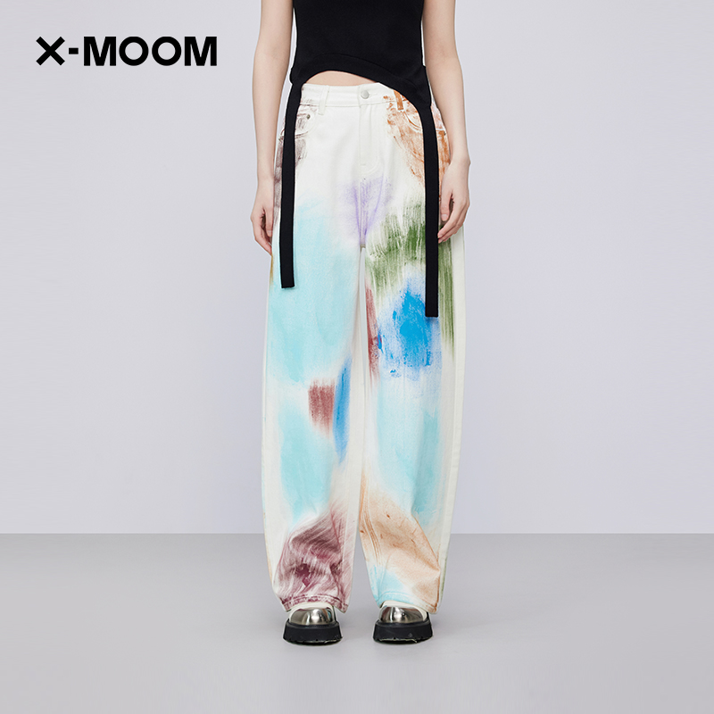 【商场同款】X--MOOM夏季新款设计感彩绘全棉水洗直筒牛仔长裤女