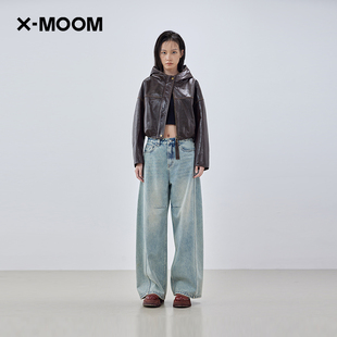 商场同款 复古连帽蝙蝠袖 新款 蜡感夹克皮衣外套女 MOOM冬季