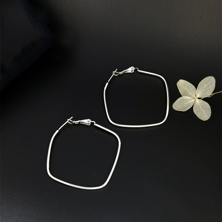 通体S925银大耳圈纯银方形夸张大耳环简约百搭气质素菱形圈耳饰