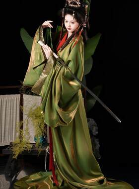 【相柳】绿色战国袍复原款汉服女古装马山楚墓传统直裾大放量拖地