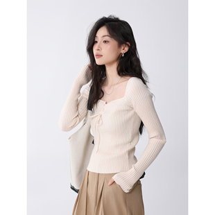 Creamsu叙白 早秋新款温柔气质舒适绑带修身针织衫打底长袖上衣女