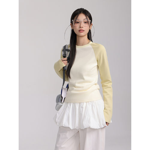 Creamsu叙白 自制修身拼色插肩长袖女2025春季新款休闲打底衫上衣