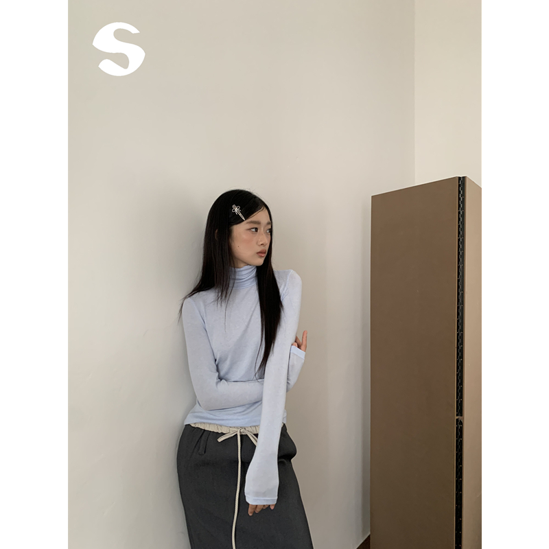 蓝色堆堆领内搭打底衫T恤修身