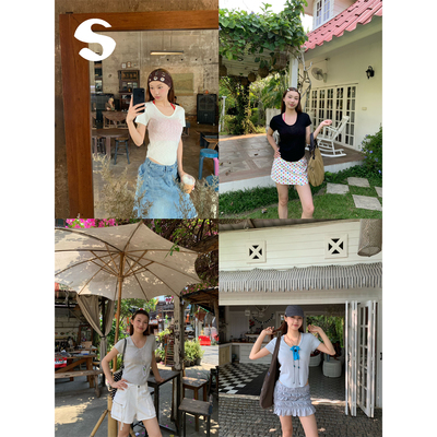 圆领套头针织短袖T恤上衣