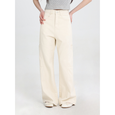 新款白色直筒阔腿牛仔裤拖地春夏