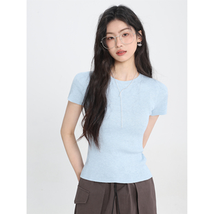 现货Creamsu叙白 春夏季上衣打底新款高弹经典圆领纯色短袖T恤女