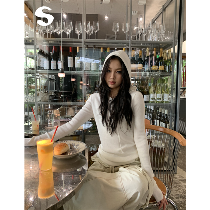 百搭连帽抽绳亲肤长袖针织衫上衣