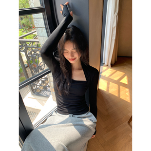 Creamsu叙白 黑色方领气质长袖T恤女秋季收腰显瘦内搭打底衫上衣