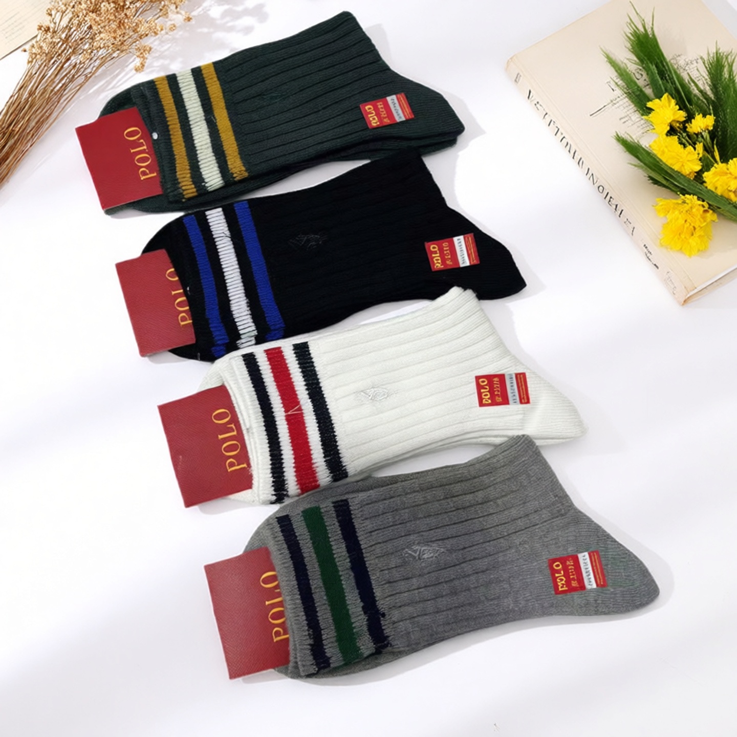 POLO纯棉加厚保暖坑条中长筒女袜