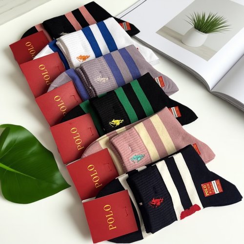 POLO秋冬纯棉条纹无骨中筒袜女