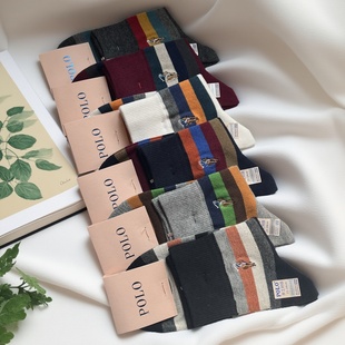 短袜潮1560 秋冬厚纯棉彩条无骨防臭中筒袜韩版 新品 POLO袜子女正品