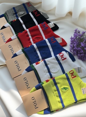 POLO袜子女春秋纯棉糖果色彩条韩版中长筒袜无骨防臭短袜冬潮1577