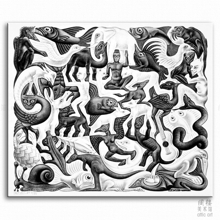 平面填充2 Escher 埃舍尔 视错觉版画装饰画无框有框客厅书房酒吧图片