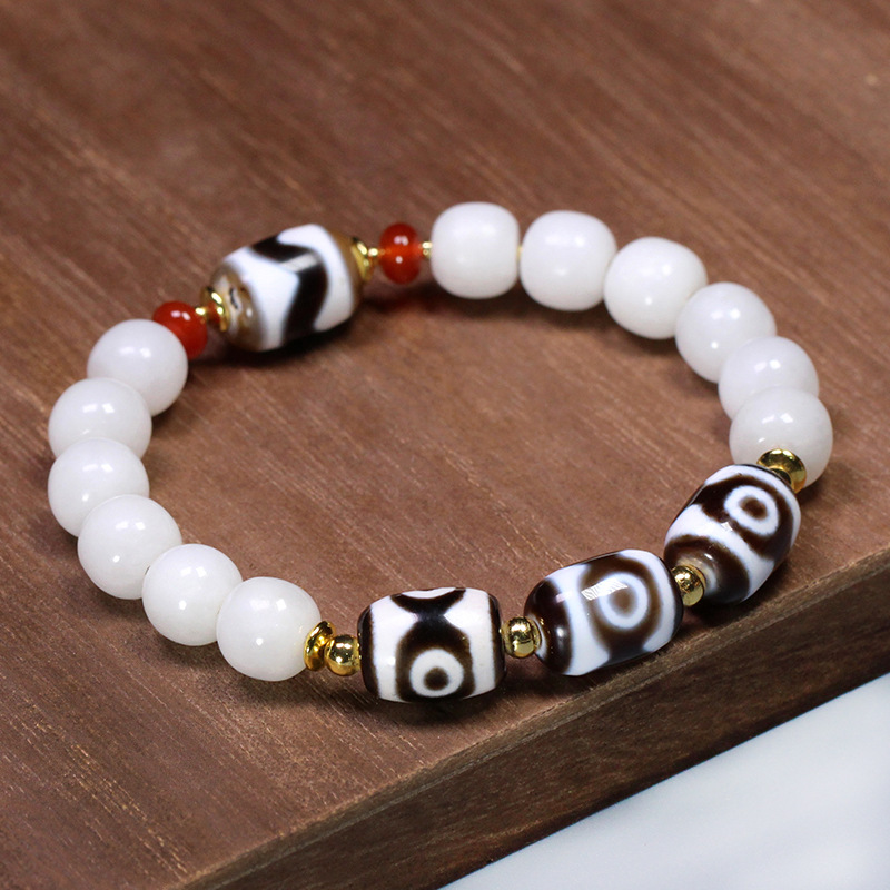 圣饰奇缘天然西藏真品玛瑙三眼虎牙天珠和田玉手串链11*14mm左右