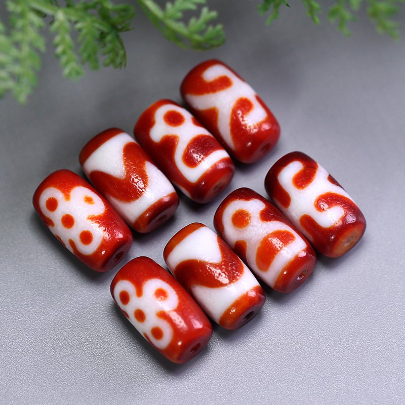 5A级天然西藏老矿原石玛瑙红肉虎牙财神贵人闪电五眼天珠12*20mm