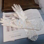 婚纱礼服白色中长款 手工珠子手套新娘结婚配饰缎面优雅