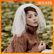 Simple wedding double layer plain dress wedding dress puffed children's small head dress bride wedding short style travel soft head dress