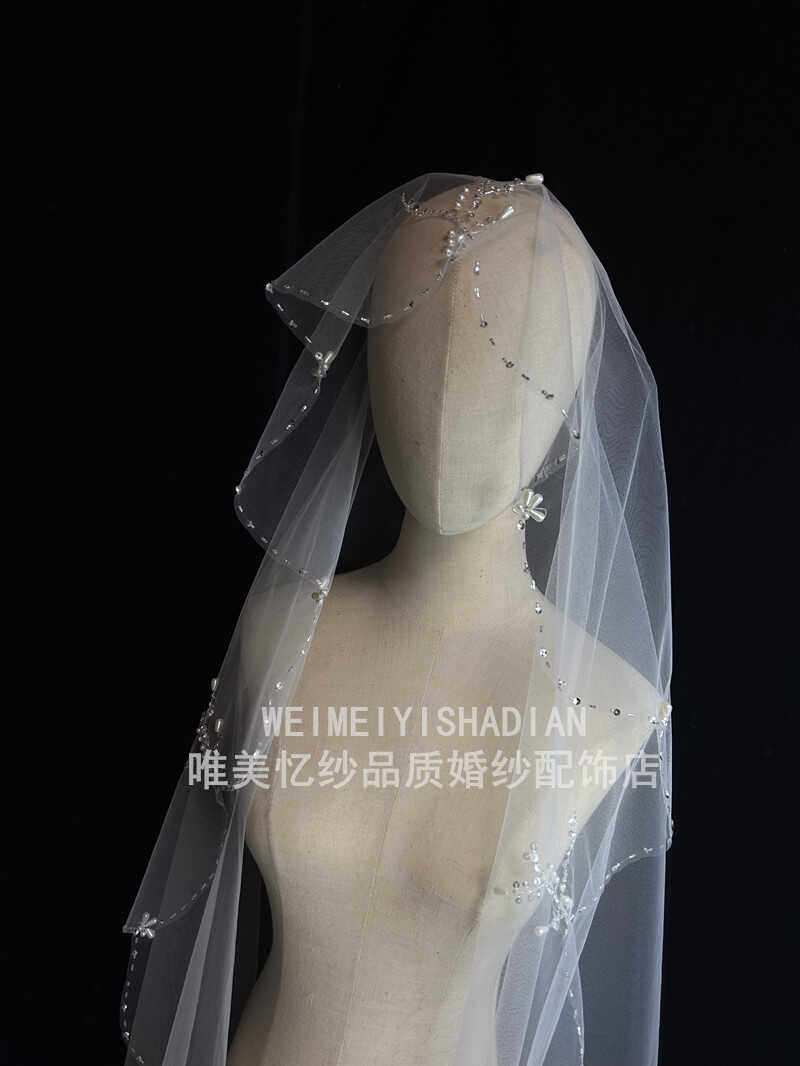 亮片白色新款造型手工缝制头纱