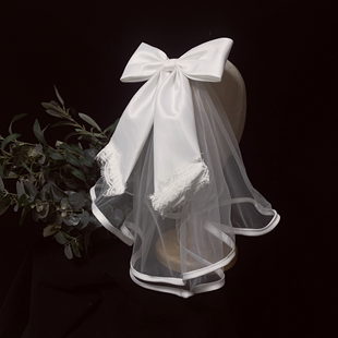 新款 白色新娘结婚礼服头饰影楼拍照 领证小头纱包边蝴蝶结款 短款