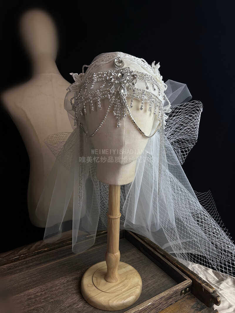手工亮钻蕾丝帽子新娘结婚复古蝴蝶结头纱流苏造型头饰摄影写真