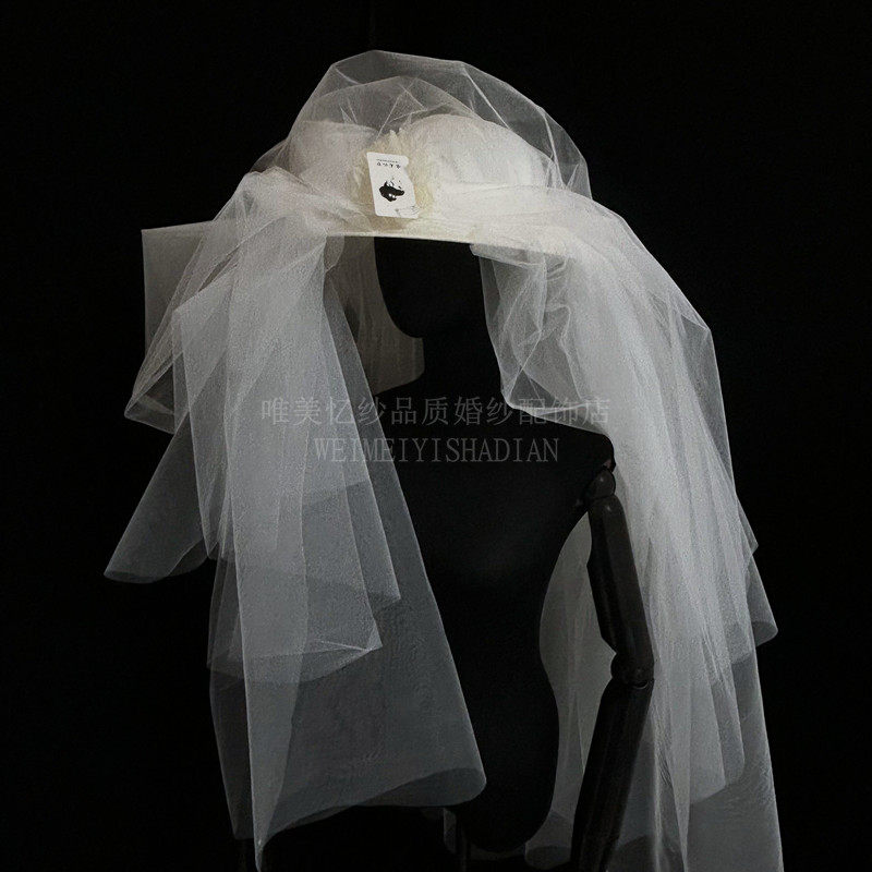 手工婚纱礼服造型帽纱白色新娘结婚写真影楼拍照道具超仙头饰拍片