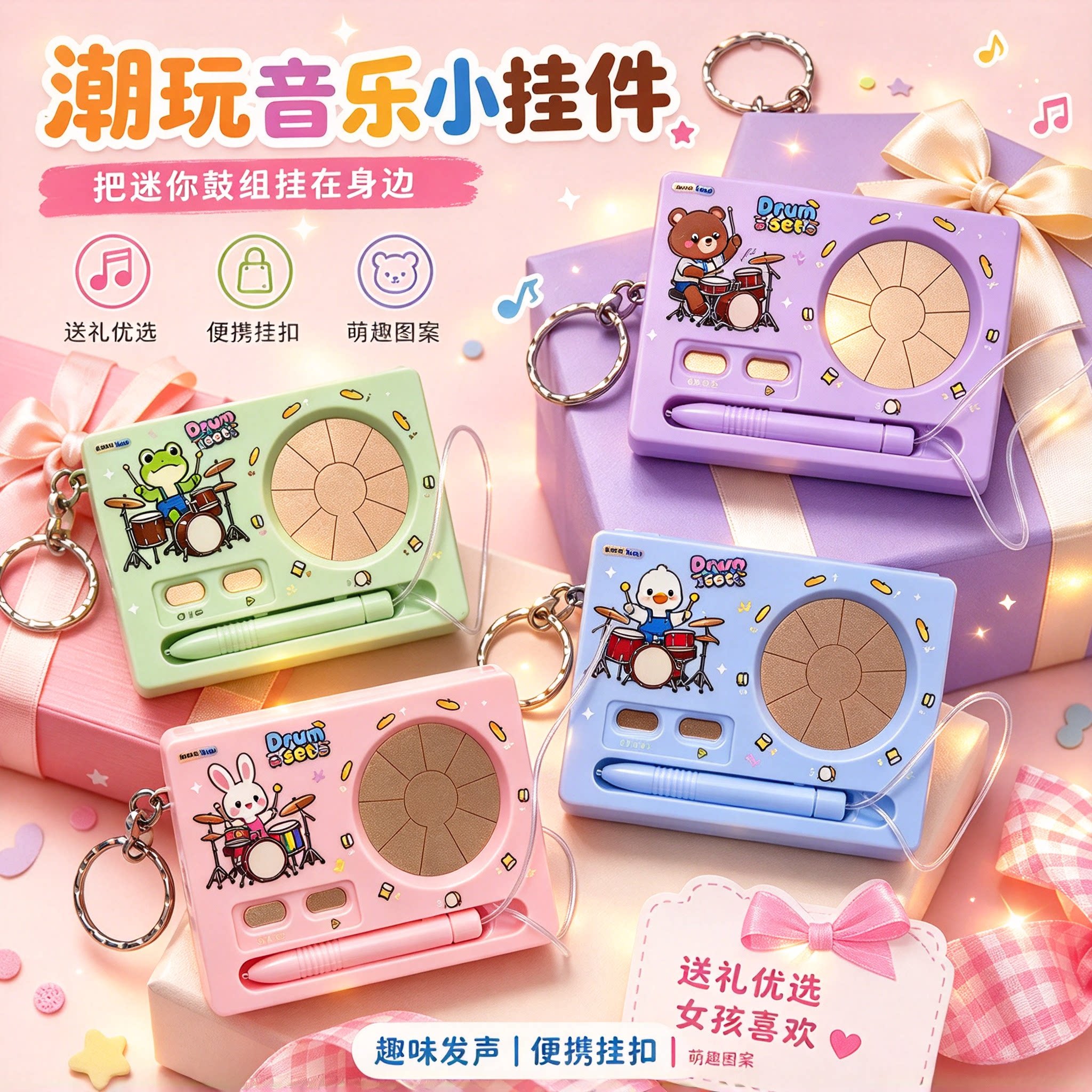 新款创意录音电子架子鼓钥匙扣解压发声儿童钥匙扣背包挂件小玩具