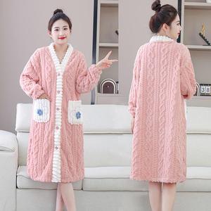 2024加绒睡衣女冬季珊瑚绒睡袍卡通中长款V领宽松可外穿家居服