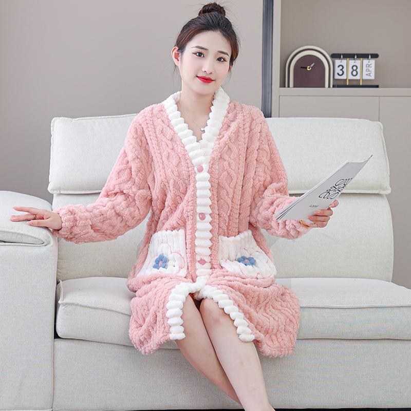 冬季珊瑚绒睡衣女加绒保暖