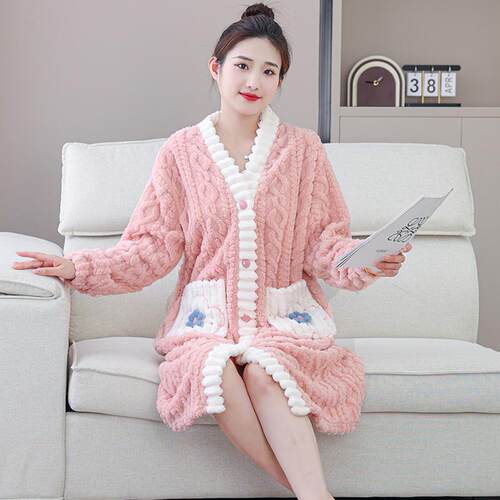 冬季珊瑚绒睡衣女加绒保暖