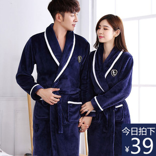 睡袍女秋冬长款 浴袍男情侣一对加厚法兰绒春秋睡衣晨袍珊瑚绒浴衣