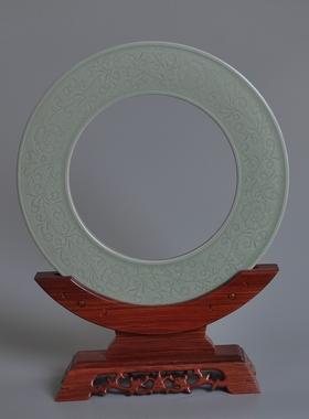 作品手工保平安汝瓷玉璧菊花雕刻