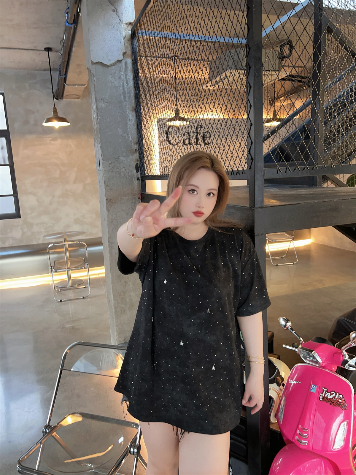 大码女装200斤重工烫钻圆领T恤