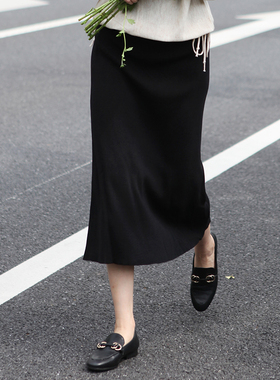 RookieCombo新职人 米杏色直筒修身针织半裙中长裙