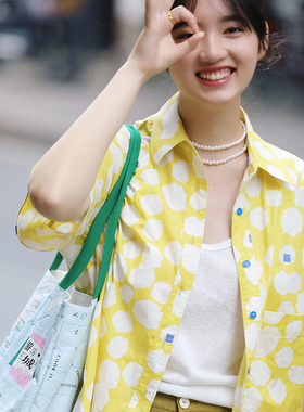 RookieCombo新职人 黄底白色气泡印花海边度假宽松短袖衬衫开衫