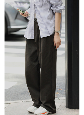 RookieCombo新职人 全棉阔腿直筒烟灰色白色宽松休闲长裤