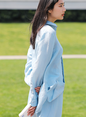 RookieCombo新职人 春夏丝质轻盈通勤防晒宽松慵懒湖蓝色衬衣