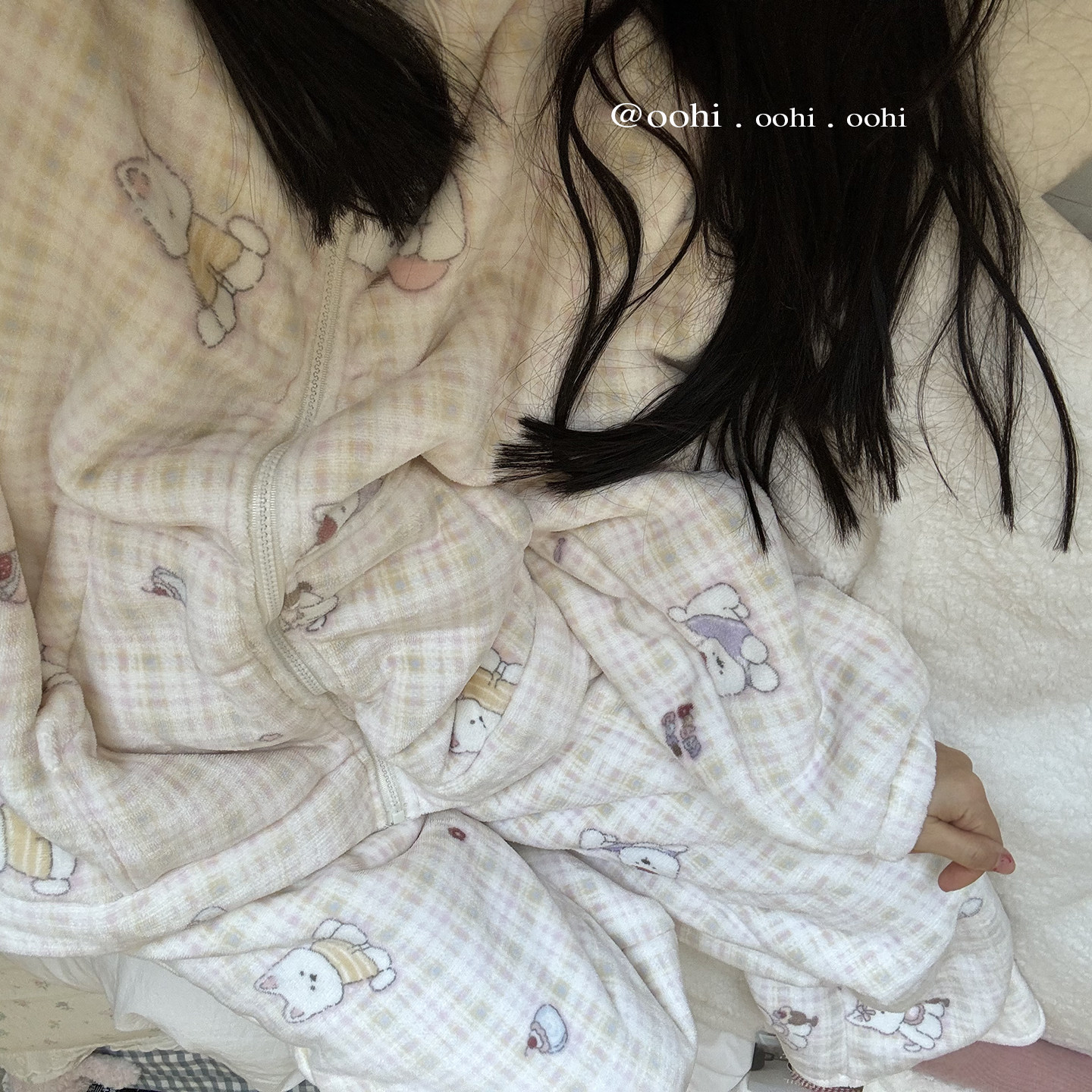 软妹本妹入!软fufu冬季格纹兔子图案睡衣保暖加厚羊羔绒内里套装