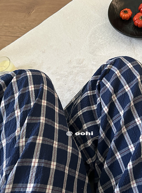 上新咯!自带氛围感的格子睡裤~遛弯吃宵夜神裤蓝格纹直筒家居裤女