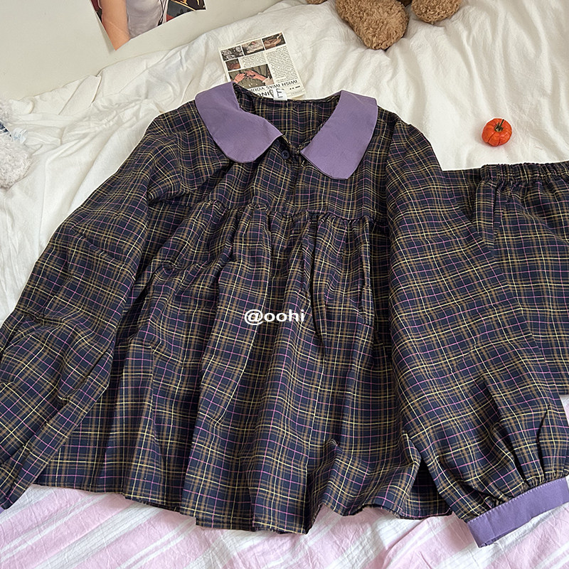 可爱呀!复古娃娃领长袖睡衣!韩版格子ins甜美格睡裤家居服套装女