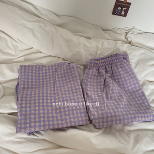 「紫薯色」睡裤50条～透气洗后软糯碎花格子泡泡棉布长款居家裤女