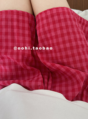 夏季吼穿的树莓色短睡裤～薄款透气格子软糯格子涤棉短款居家裤女