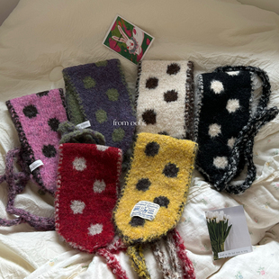 穿搭小配件~波点针织小围巾耳套秋冬系带包头护耳两用保暖耳罩女