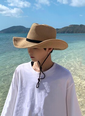 草帽男夏季遮脸沙滩帽男防晒凉帽