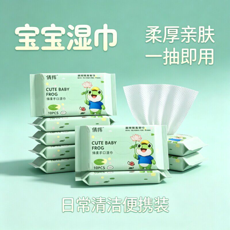 儿童便携小包湿巾可爱青蛙印花随身携带手口可用擦嘴日常清洁湿巾