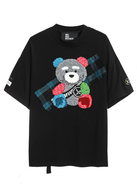 潮牌立体小熊装饰黑色短袖 T 恤 街头风男女同款上衣 MW092021037