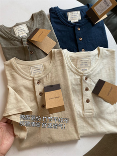 日系订单！棉麻混纺 竹节平纹布透气亲肤！夏季男士亨利领短袖T恤
