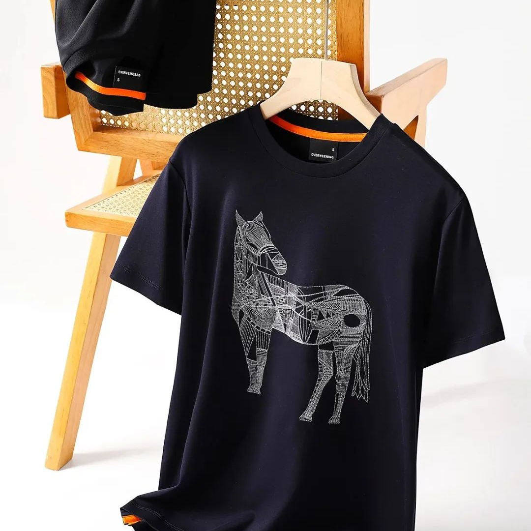 万针刺绣！液氨水柔棉丝光纯棉夏男士圆领短袖T恤都市休闲上衣潮