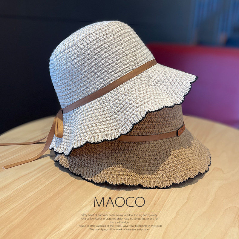 帽子女渔夫帽秋新款针织钩花日系波浪边蝴蝶结显脸小防风ins盆帽