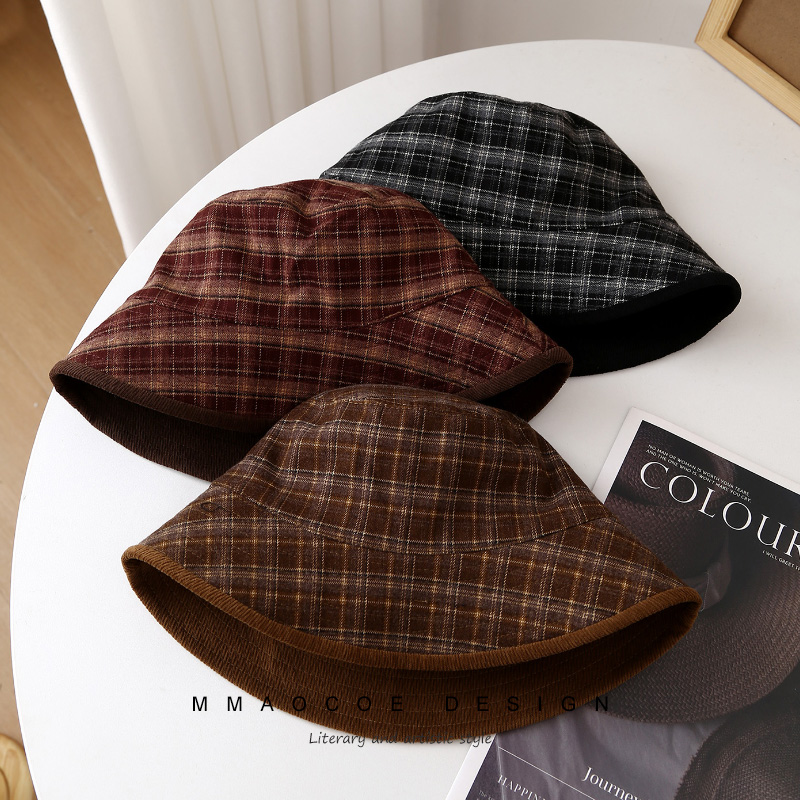 格子渔夫帽秋冬款灯芯绒保暖