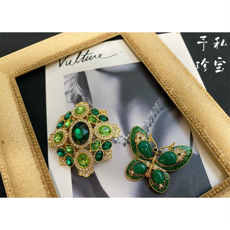 包邮 1707 复古Vintage镀真金保色绿色仿古古风珐琅蝴蝶宝石胸针